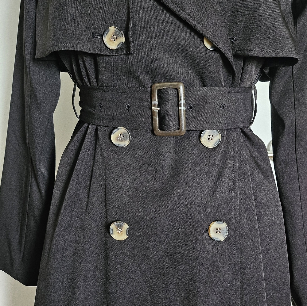 Resexxy Gyaru Black Trench Coat Pleated Lace Panel Sides Tortoise Shell Buttons - Picture 12 of 14